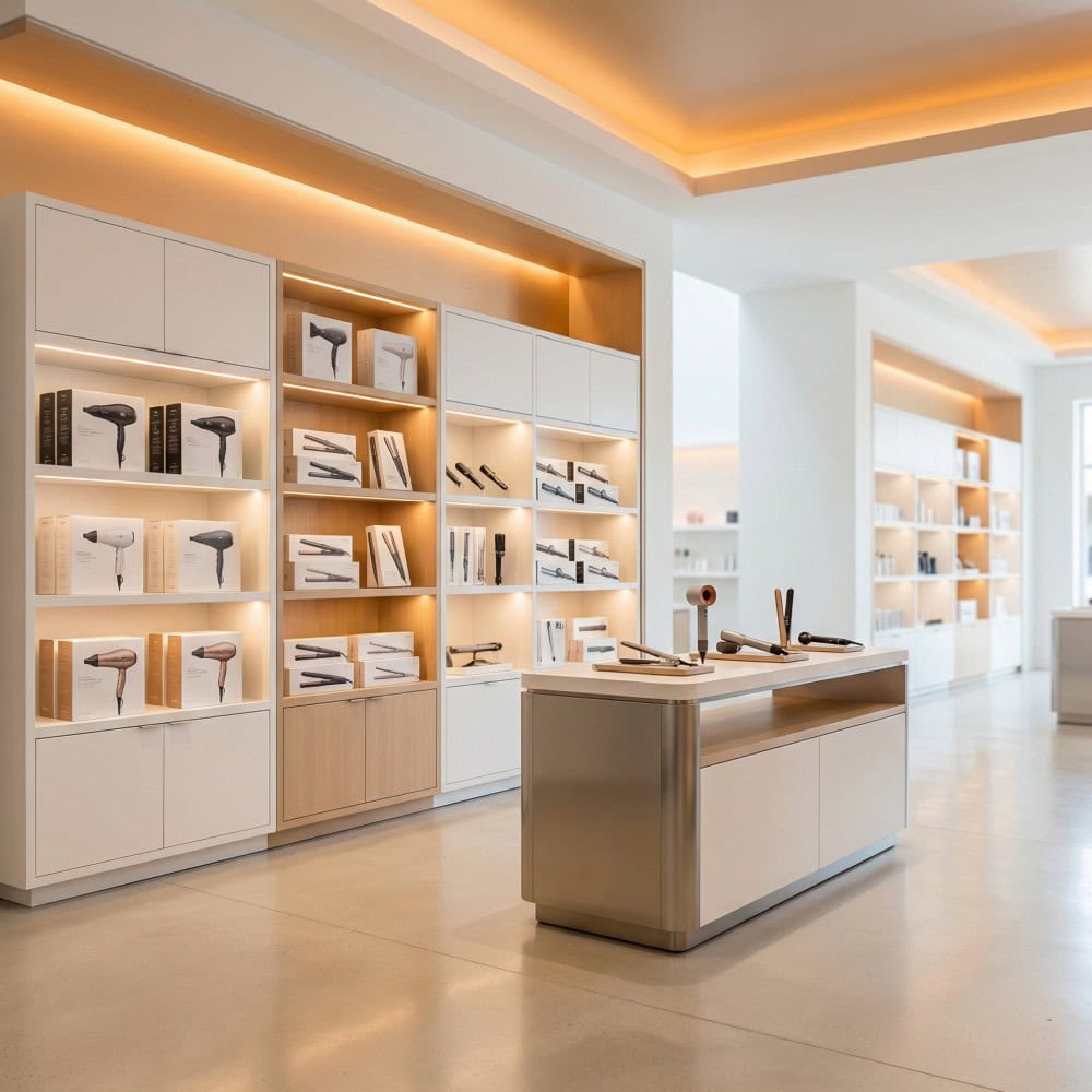 Hair dryers displayed in a retail showroom