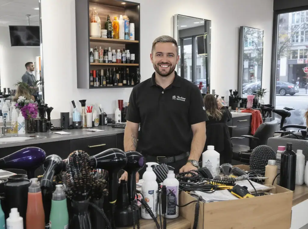 Professional salon stylist with hair dryers and styling tools