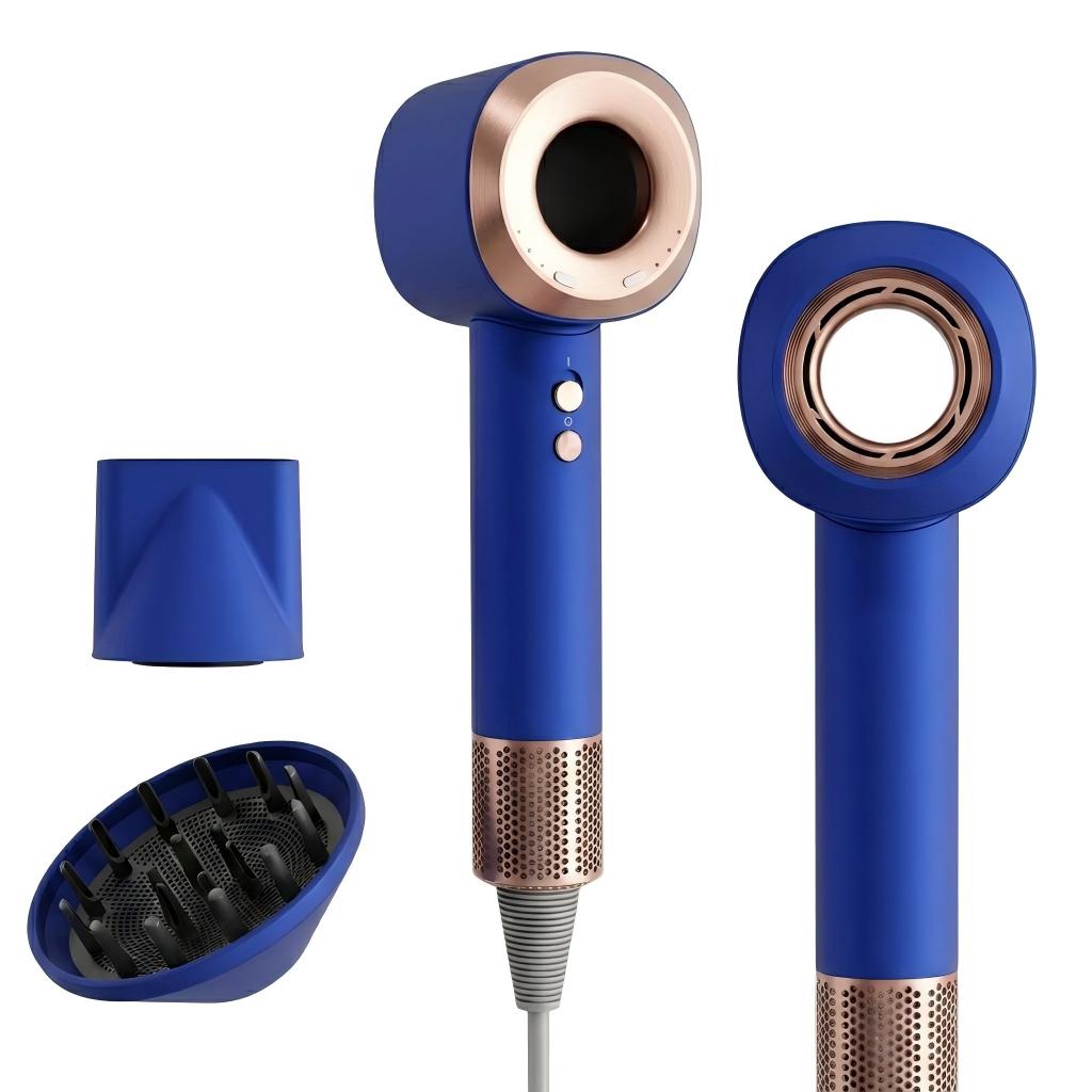 Blue high-speed hair dryer shown from front and rear views