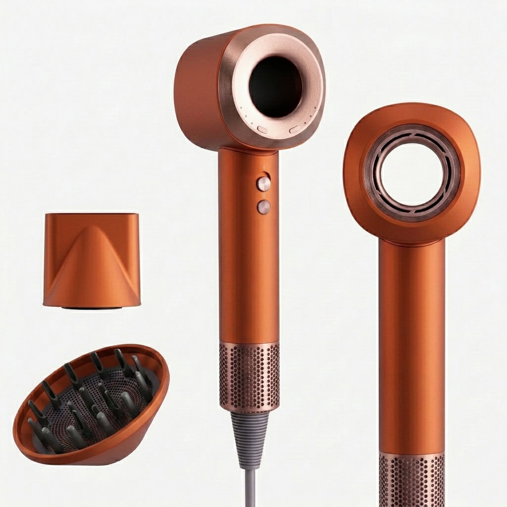 Orange hair dryers shown with diffuser and concentrator attachments