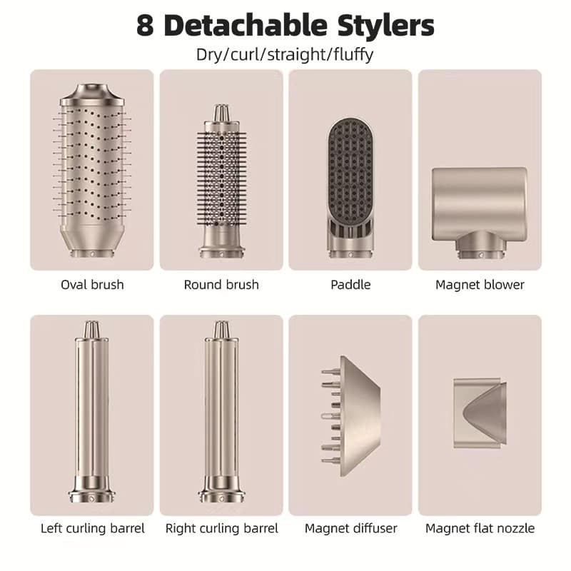Hair styling tool with eight detachable brush and nozzle options
