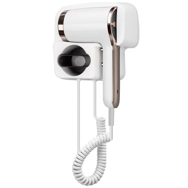 White wall-mounted hair dryer with holder and coiled cord