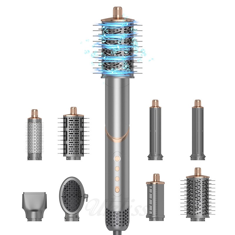 Hair styling brush and nozzle attachments arranged together
