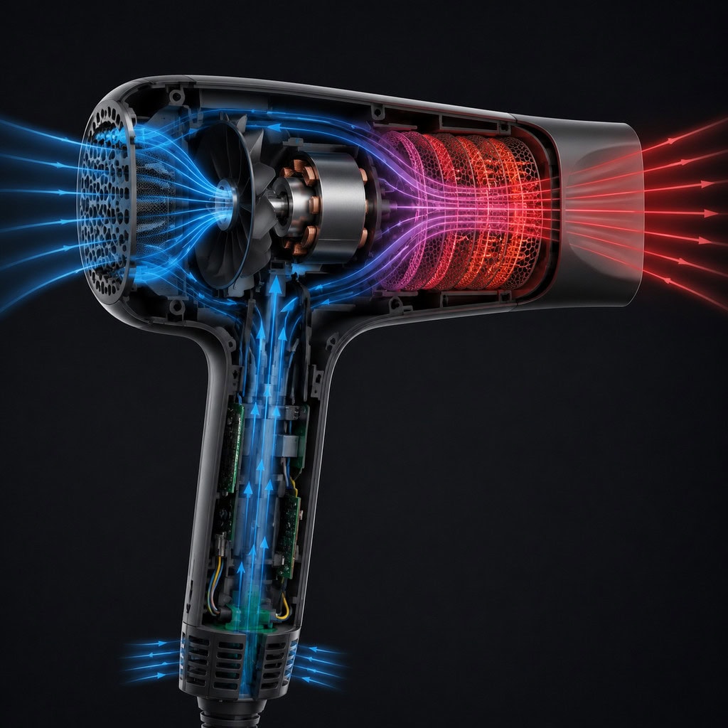 Hair dryer cutaway showing internal airflow and heat zones