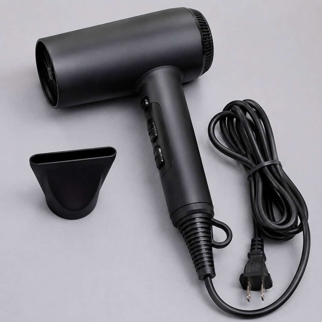 Black professional hair dryer with concentrator nozzle