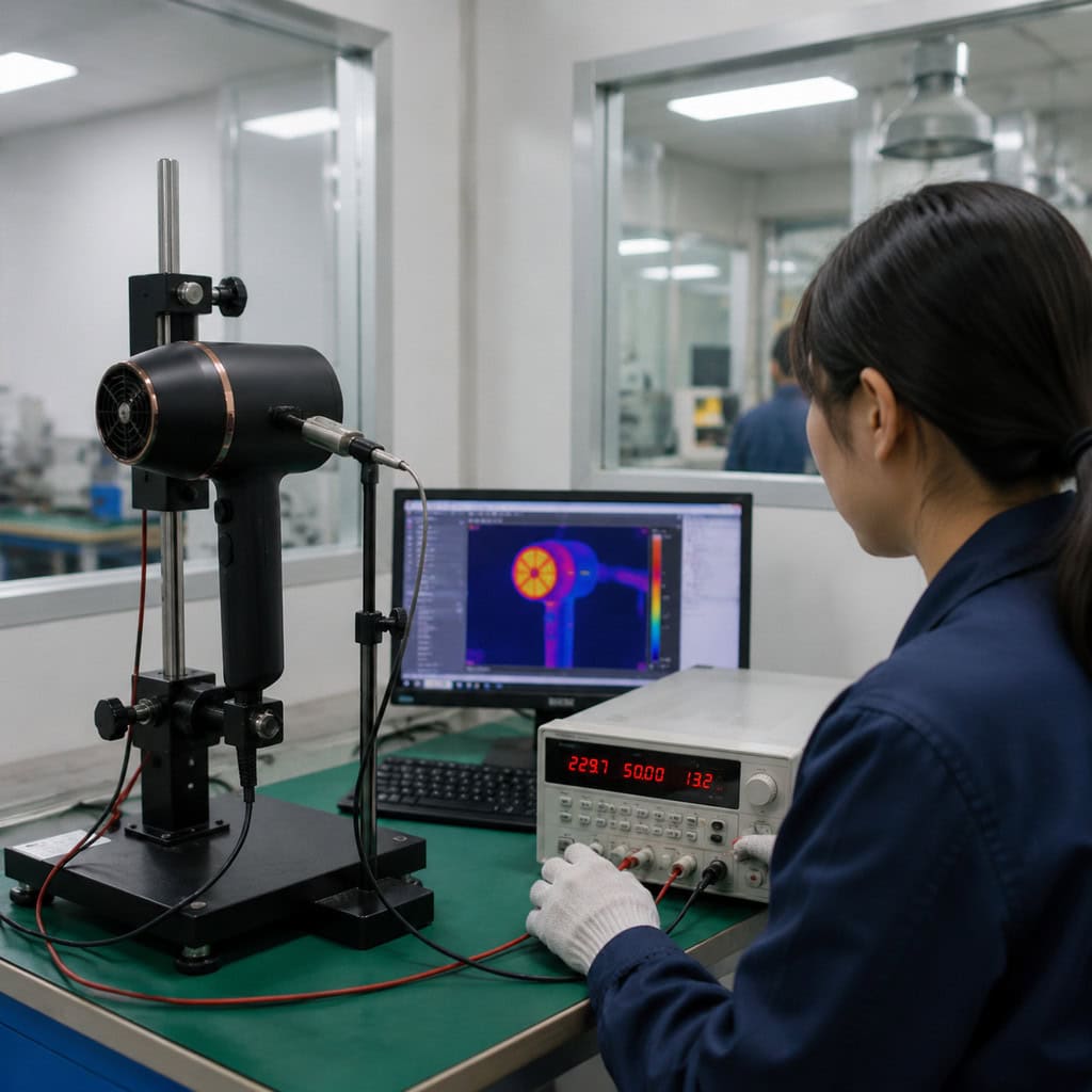Technician testing a hair dryer on a laboratory test rig