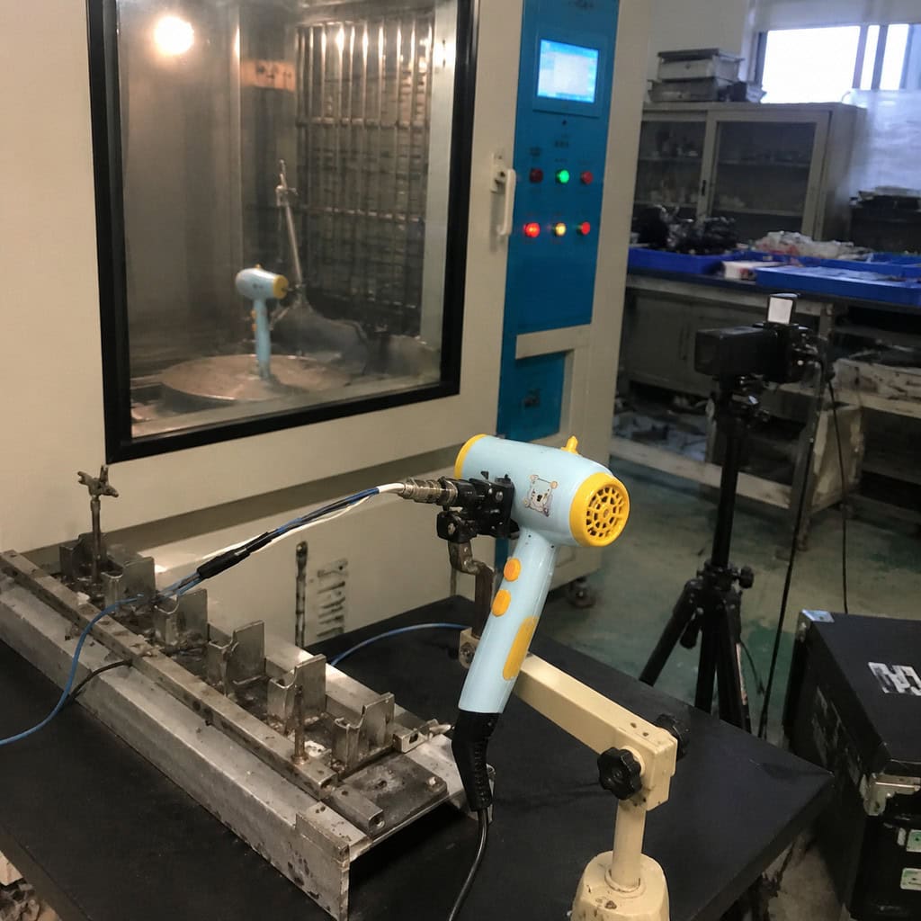 Pet hair dryer positioned in a test chamber