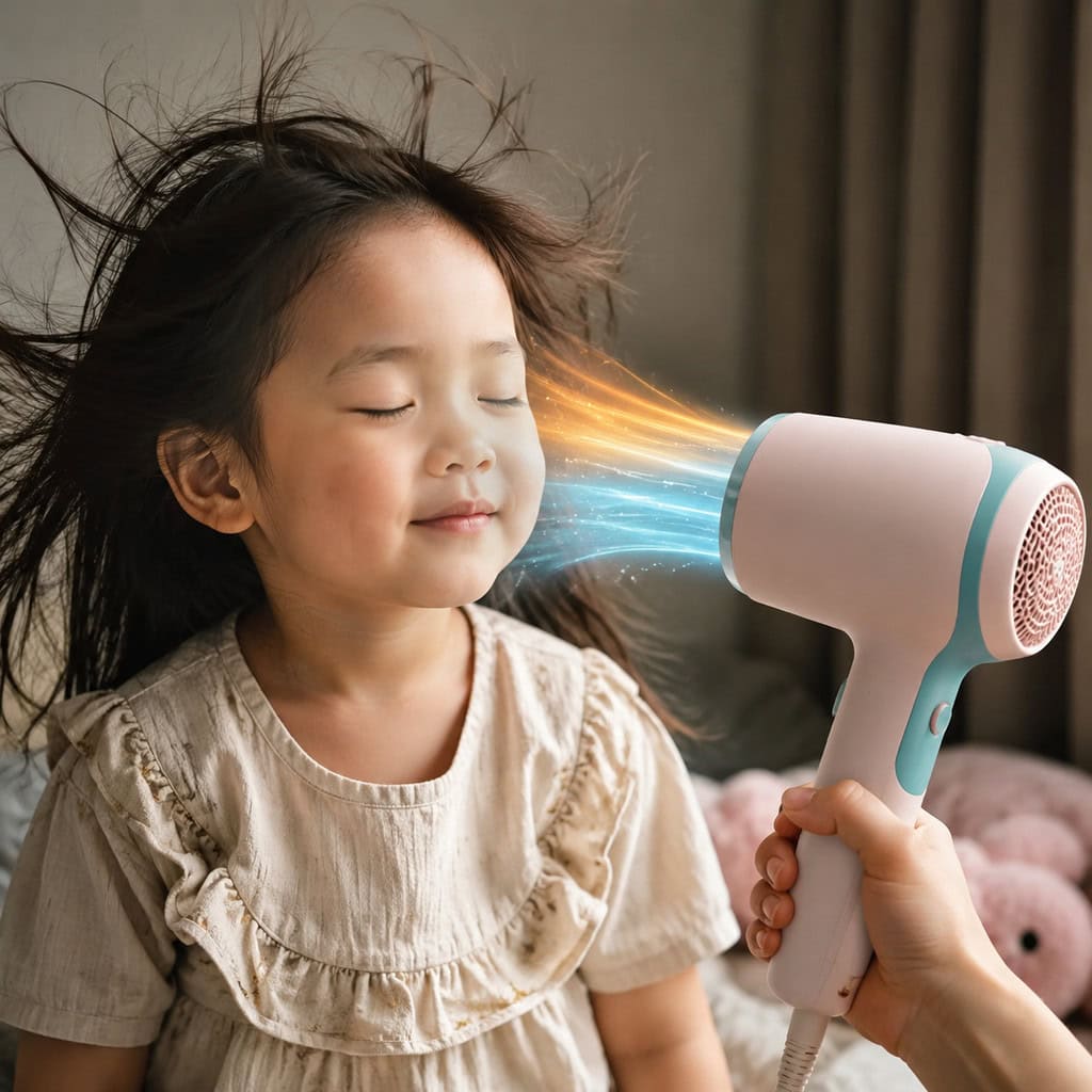 Child using a pastel kids hair dryer