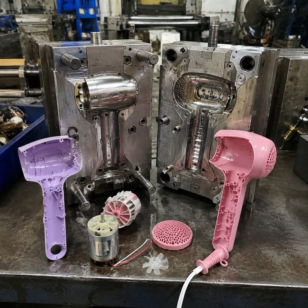 Kids hair dryer molds and plastic components on a factory table