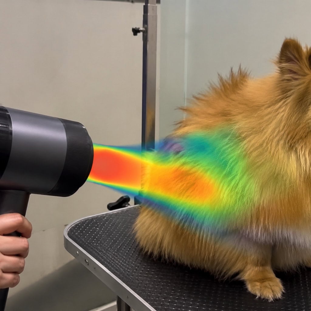 Pet dryer directing airflow onto a groomed dog