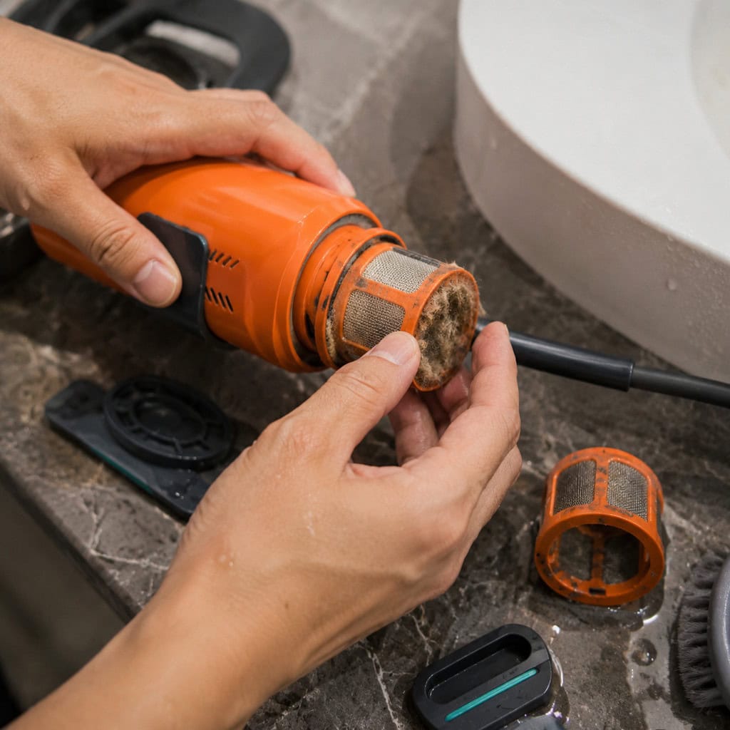Technician cleaning a pet hair dryer filter