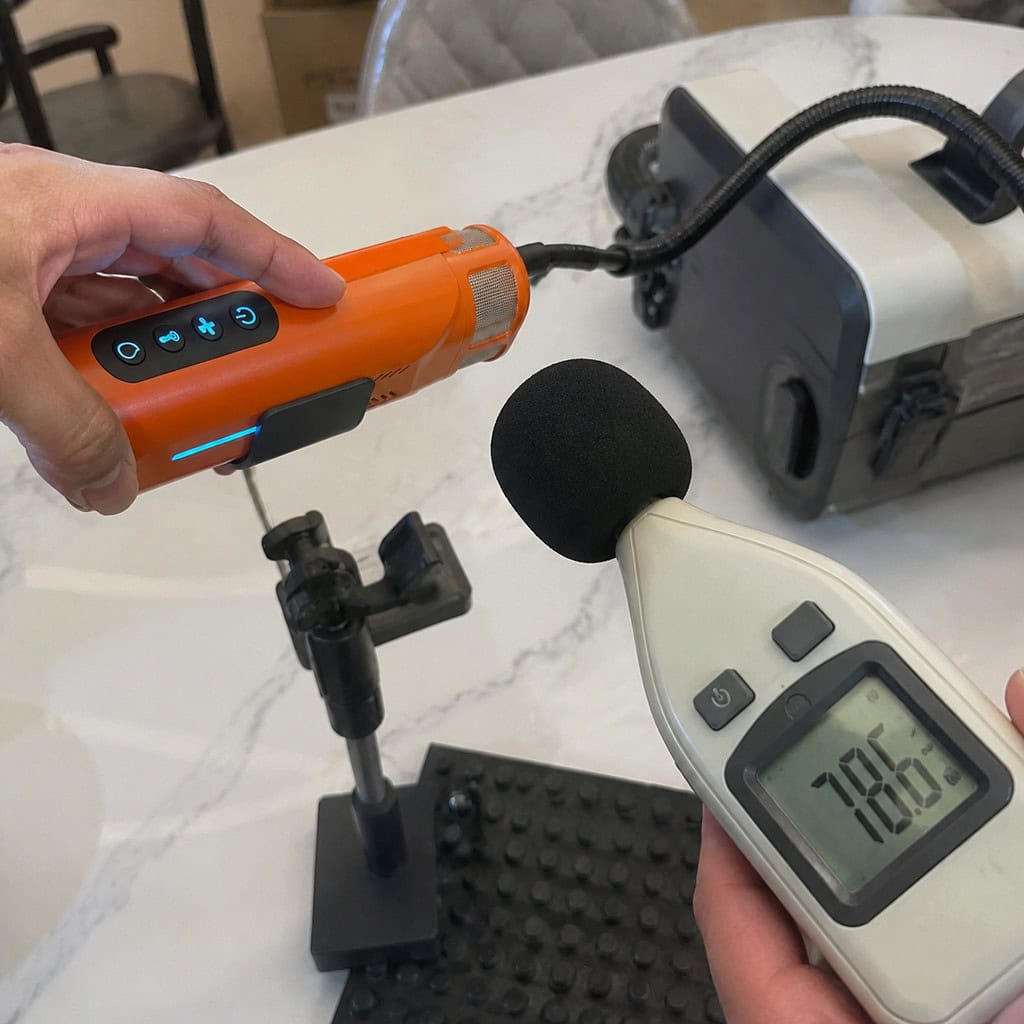 Sound level meter measuring a pet hair dryer