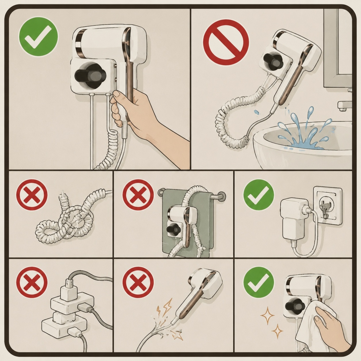 Wall-mounted hair dryer installation and safe-use illustration