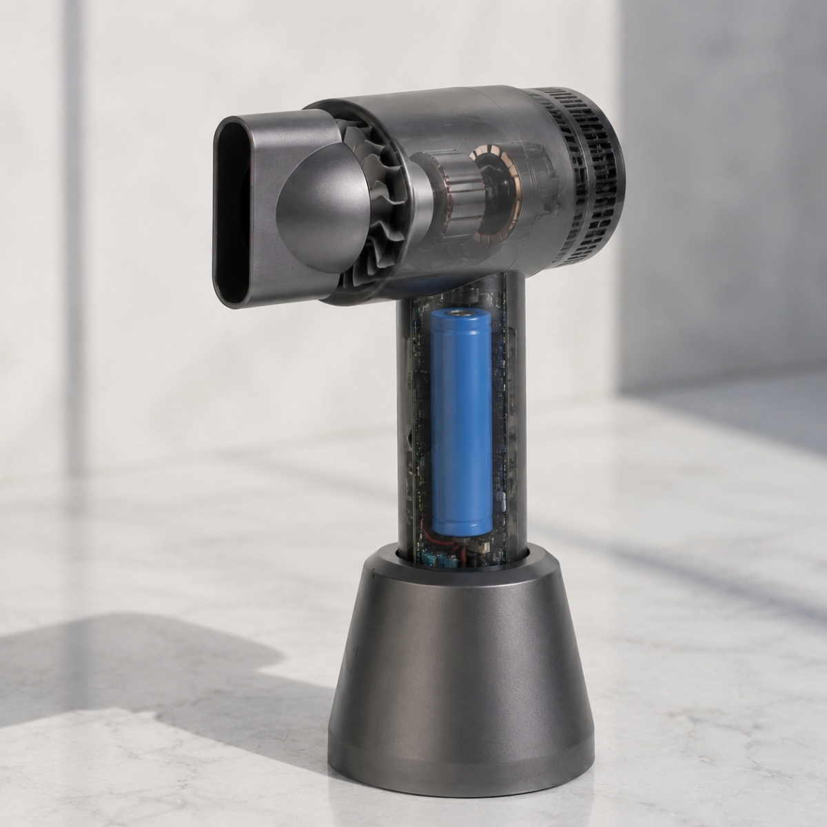 Compact black stand hair dryer with concentrator nozzle