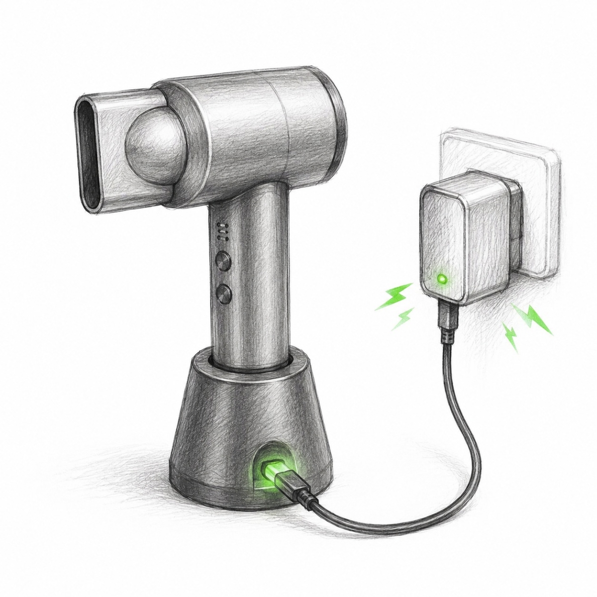 Compact hair dryer connected to a charging base