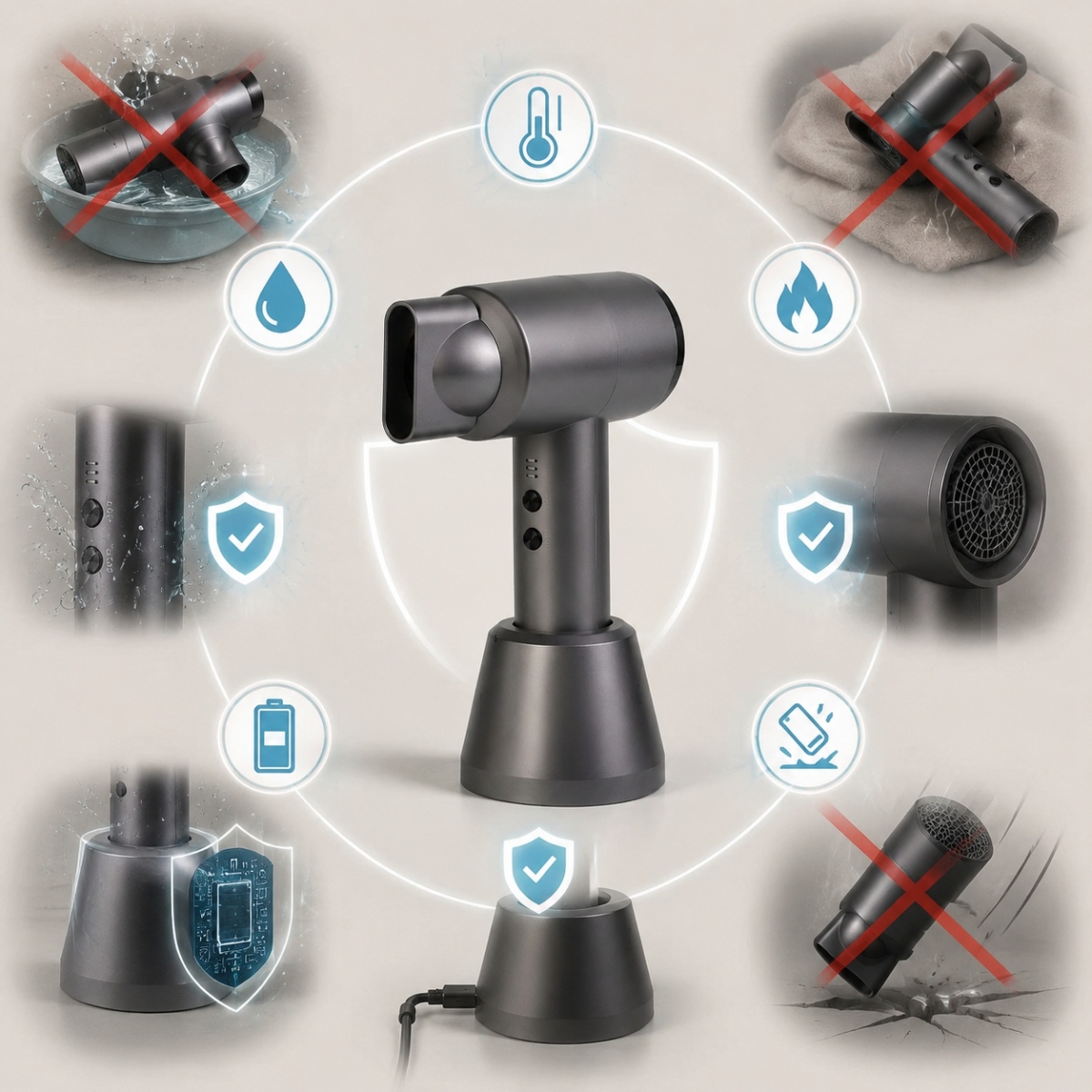 Stand hair dryer with safety and protection feature icons