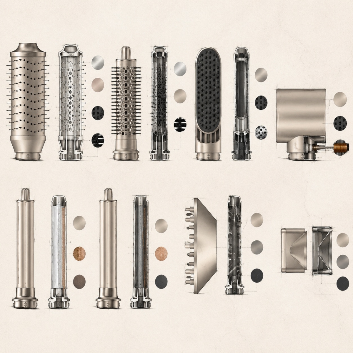 Hair dryer attachments and internal components arranged in an exploded view