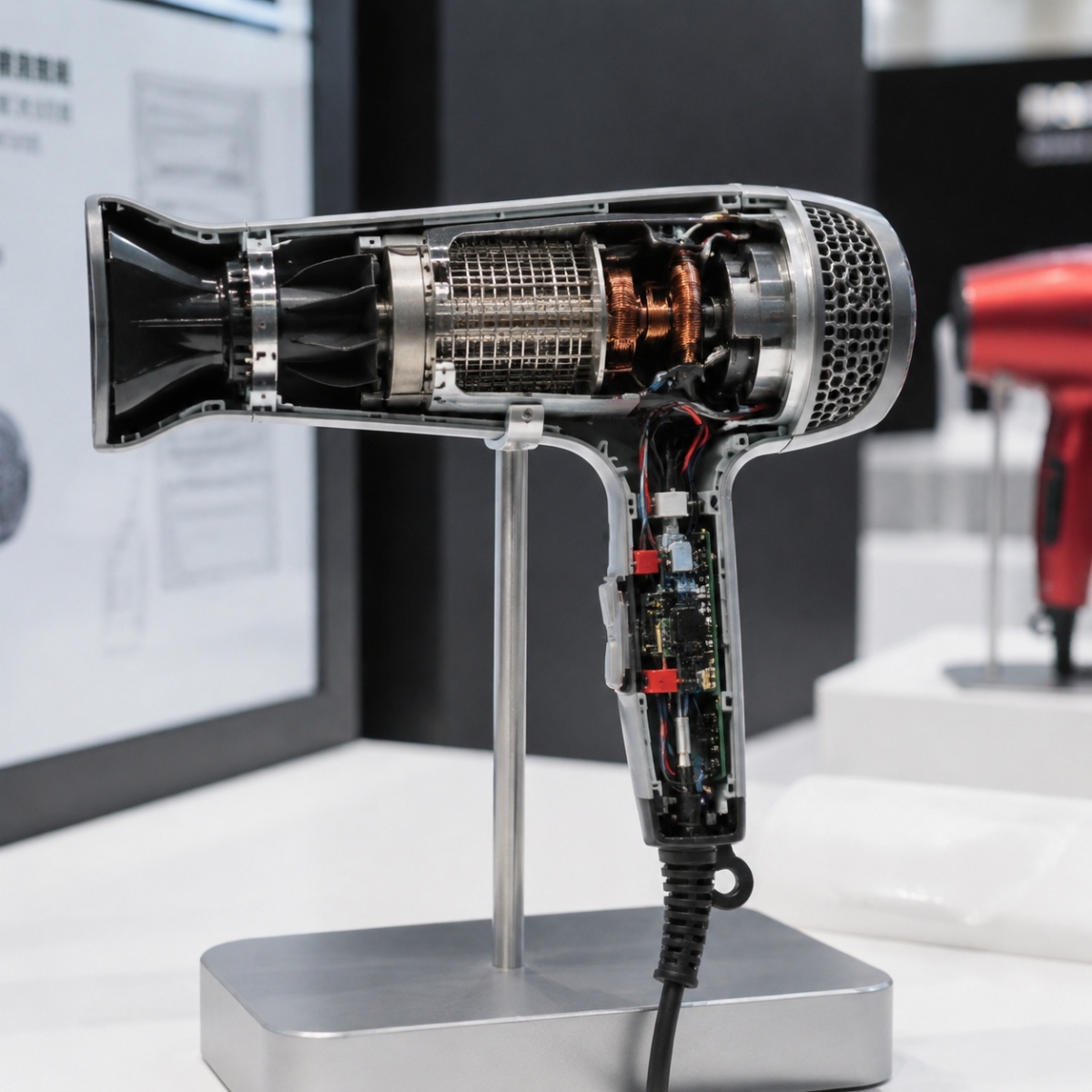 Cutaway high-speed hair dryer displayed on a stand