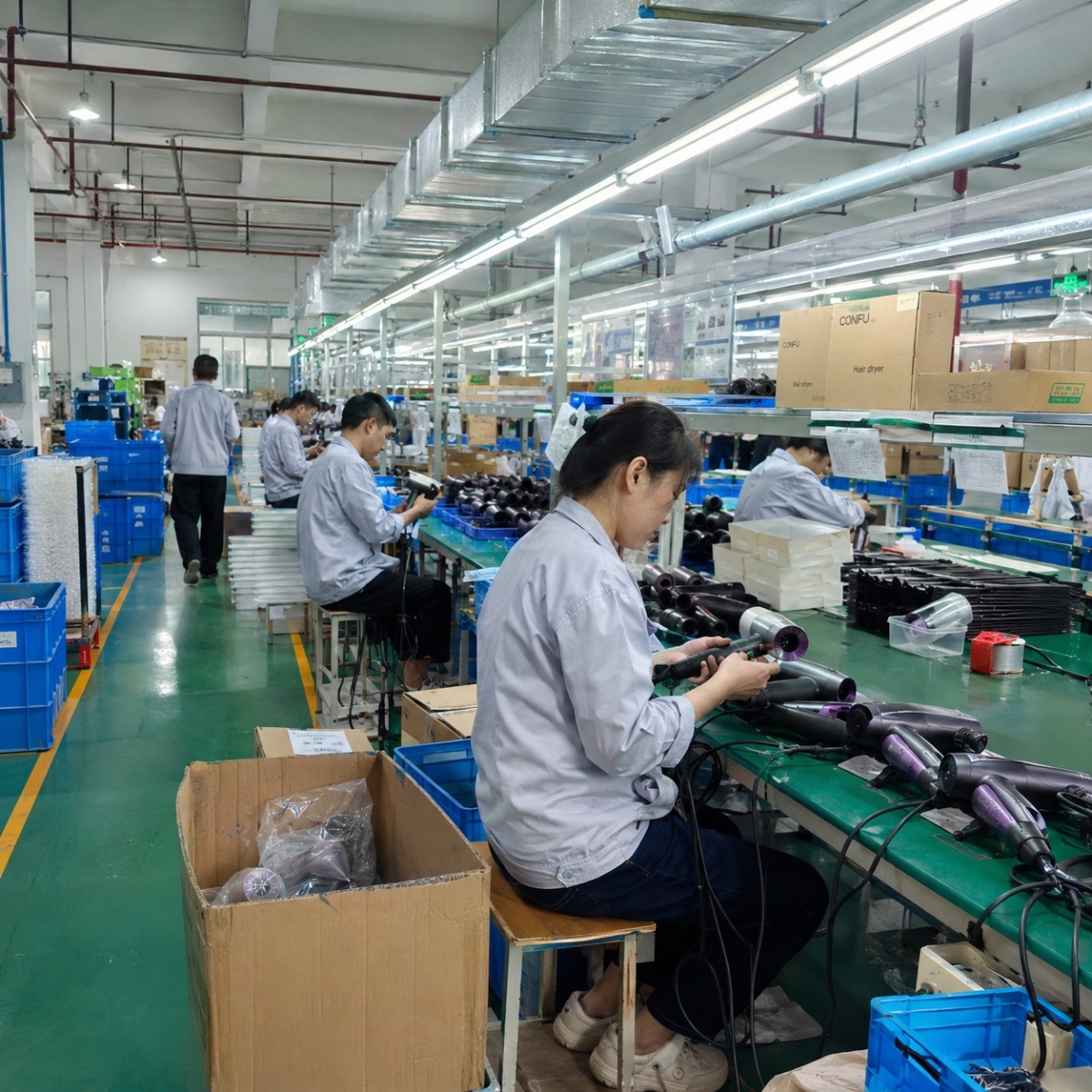 Workers assembling hair dryers on a factory production line