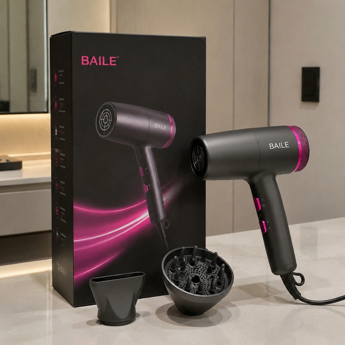 BAILE hair dryer with branded gift box and diffuser