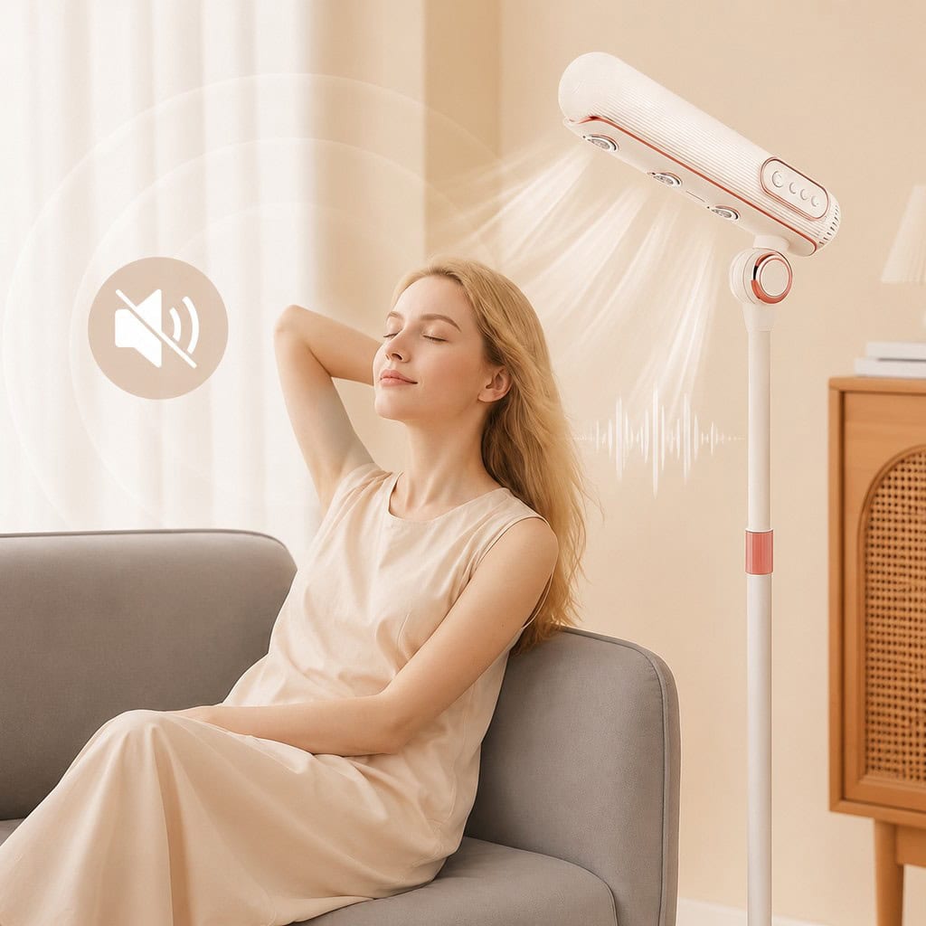 Woman using a standing hair dryer in a home setting