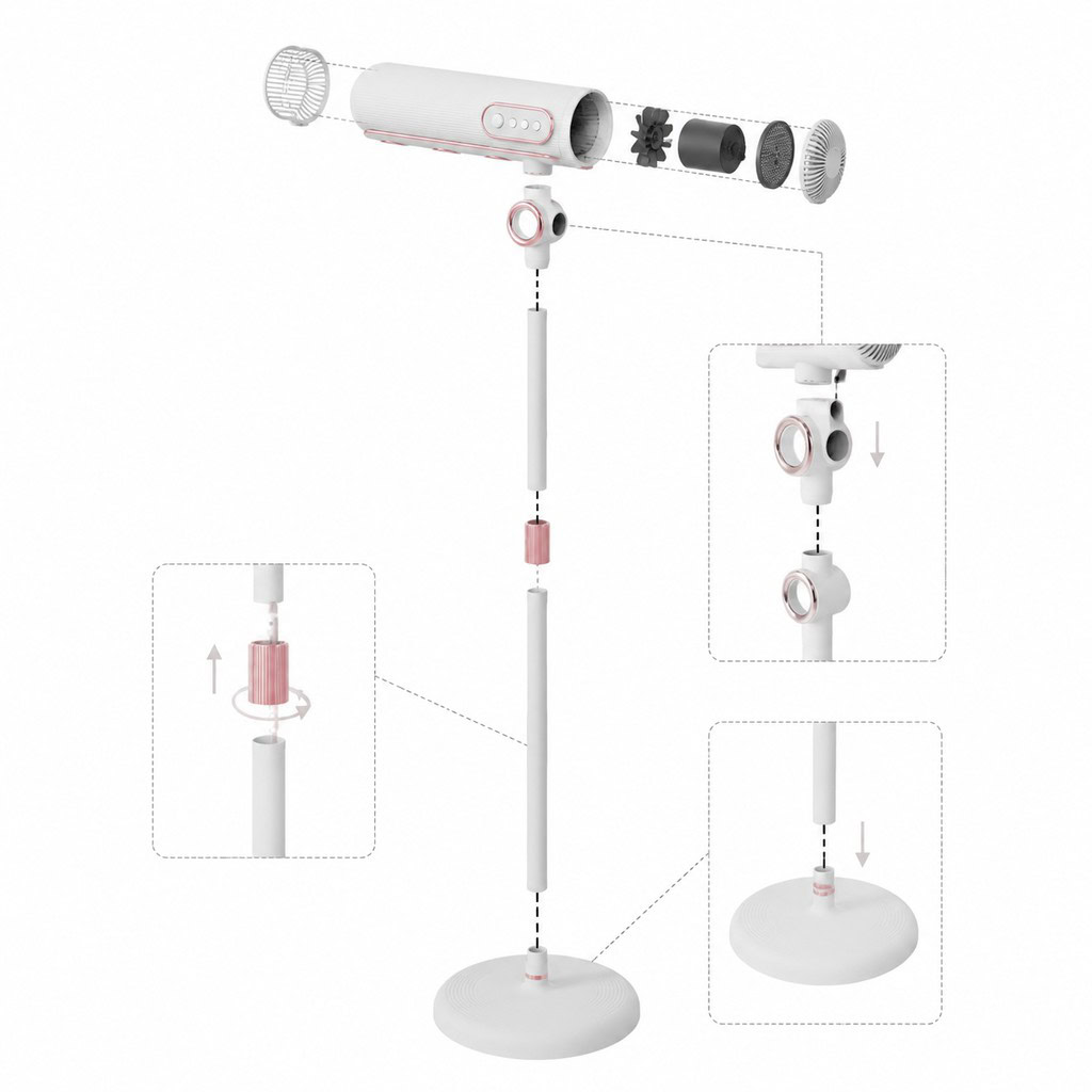 Standing hair dryer with modular base and component diagram