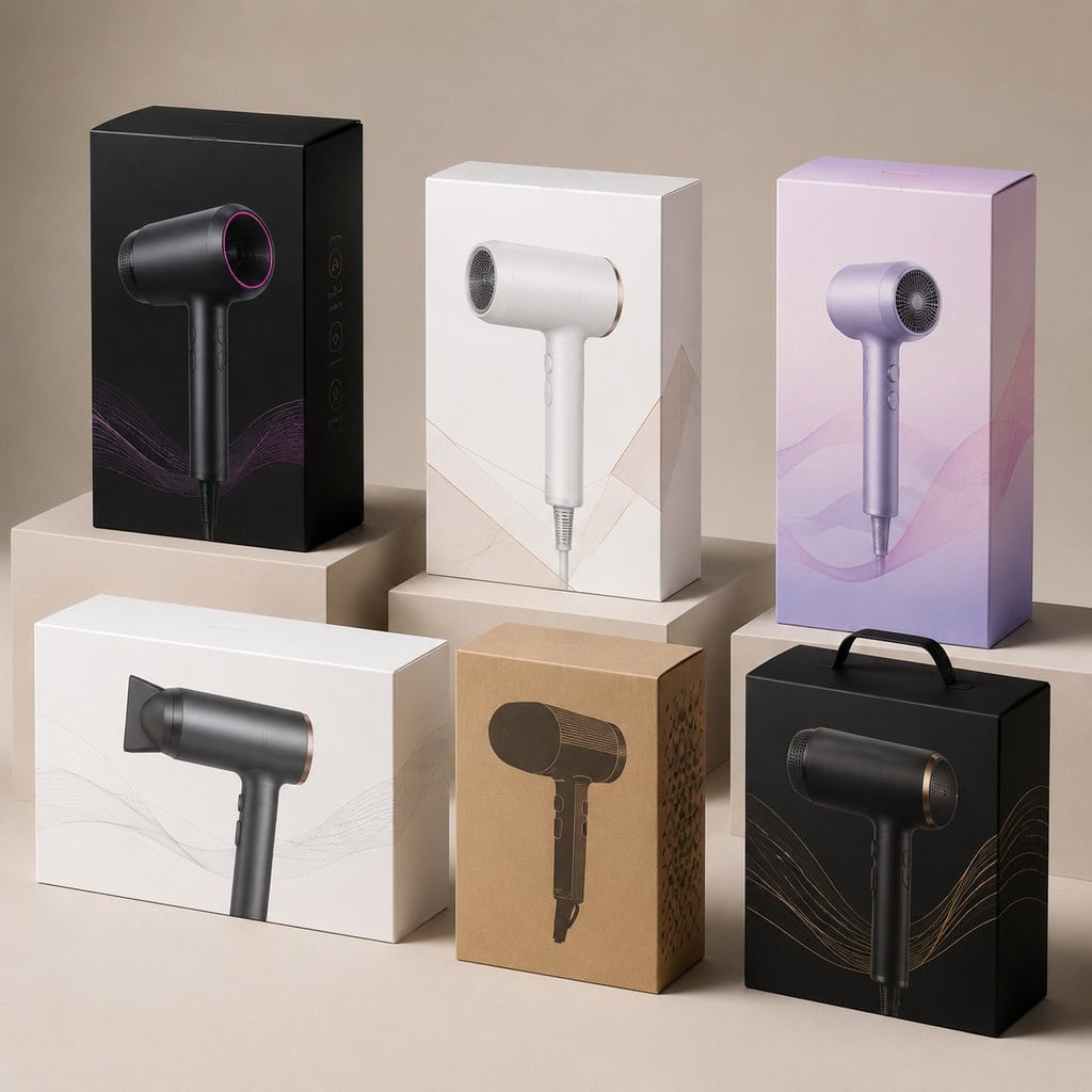 High-speed hair dryers displayed with retail packaging