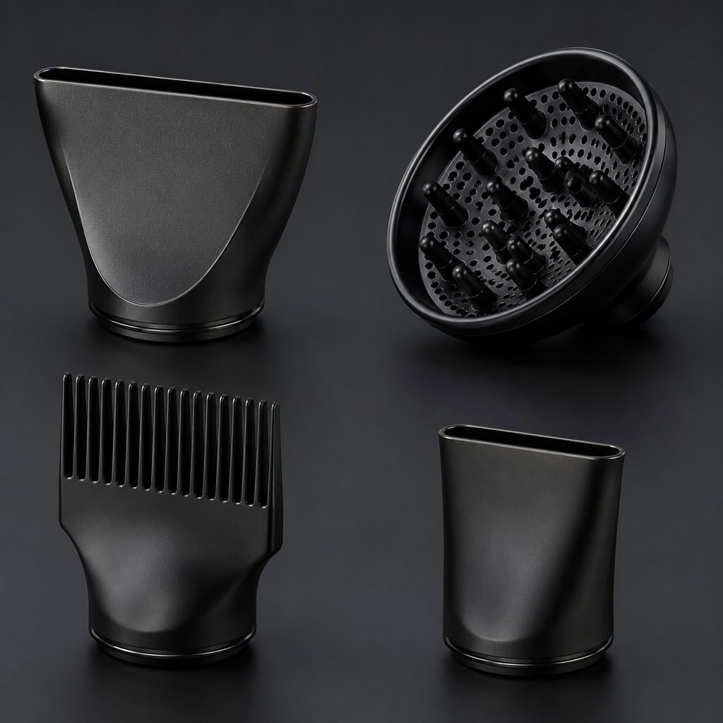 Hair dryer diffuser, concentrator, and comb attachments