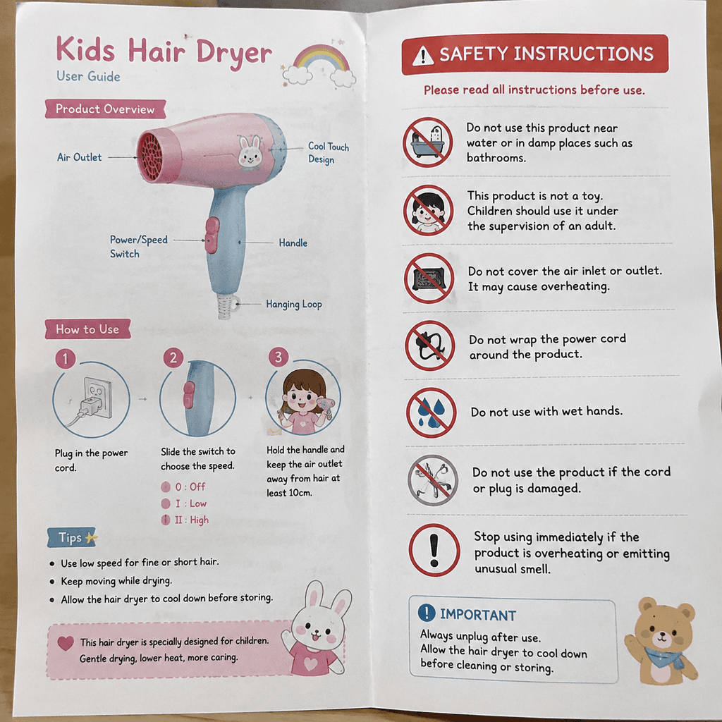 Kids hair dryer instruction and safety panel