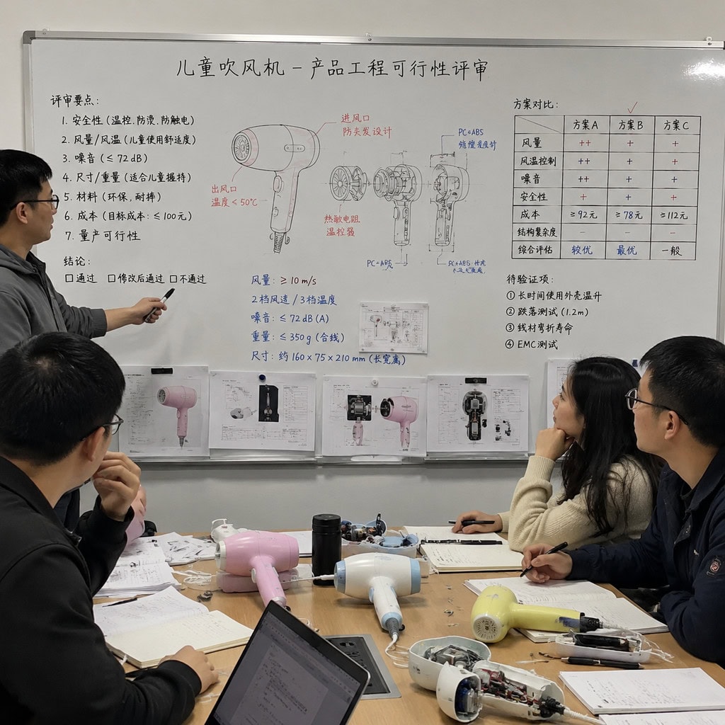 Team reviewing kids hair dryer product specifications