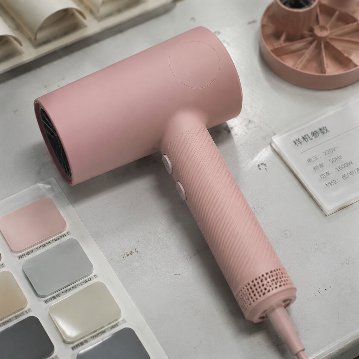 Pink hair dryer prototype with finish samples