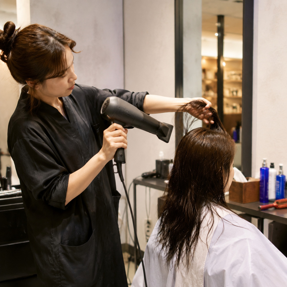 Stylist using a professional hair dryer in a salon