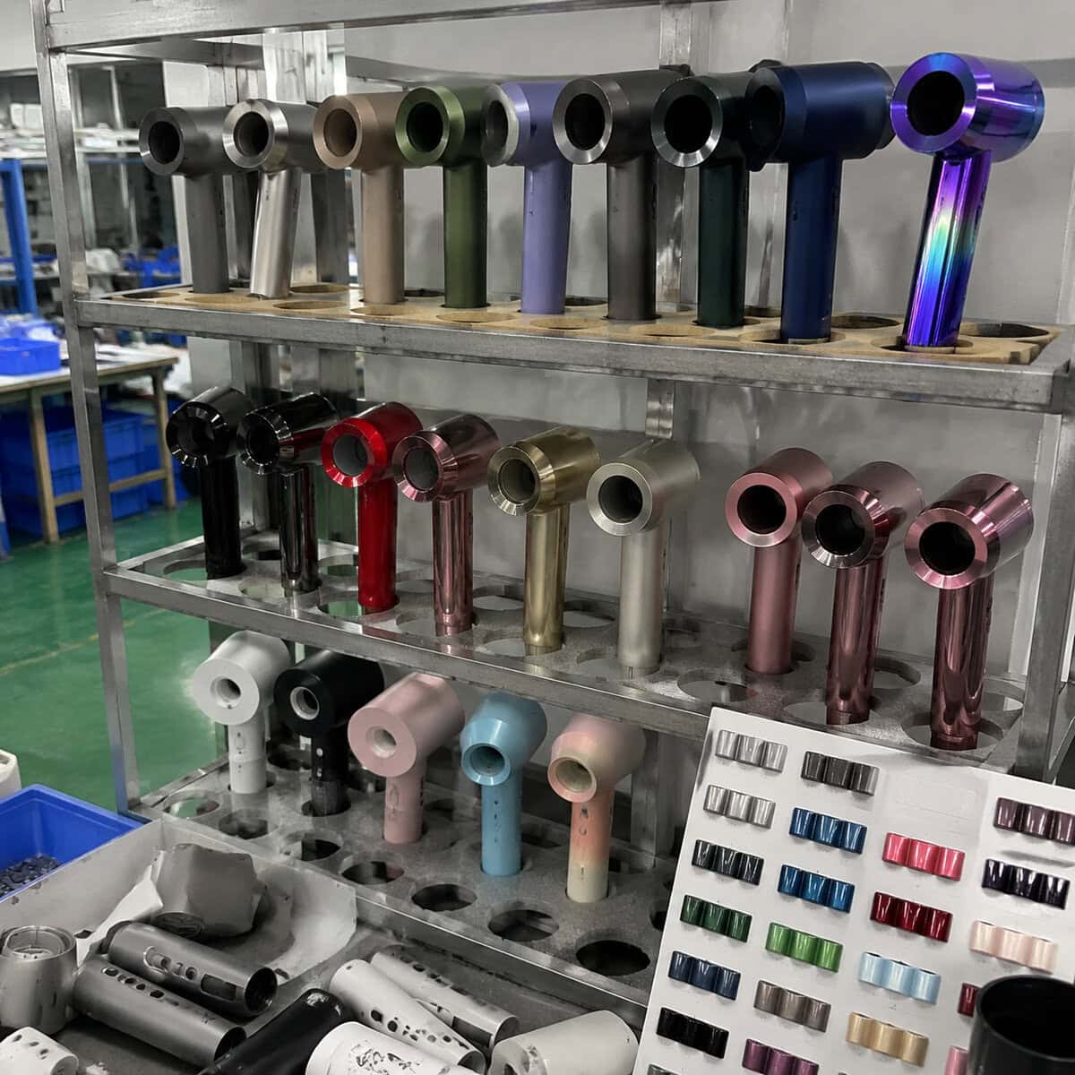 Hair dryer color and component samples on factory racks