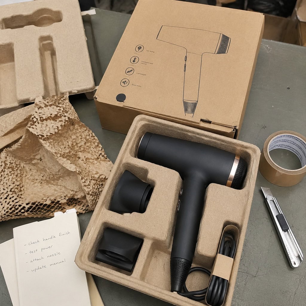 Hair dryer in molded paper-pulp packaging prototype