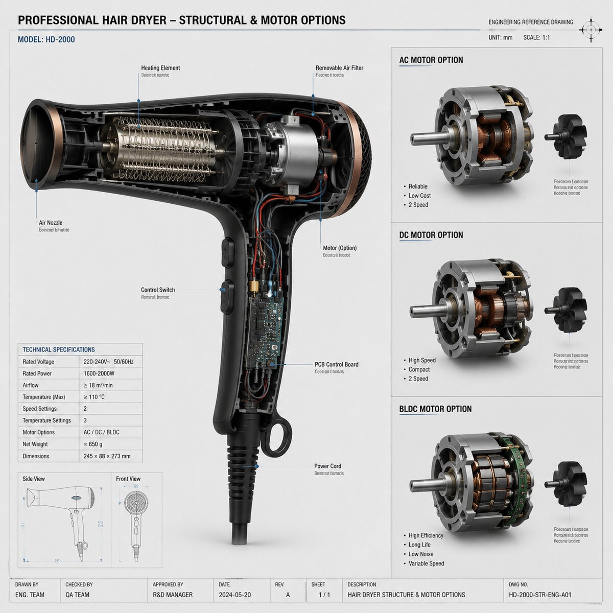 Professional hair dryer structure and motor options diagram