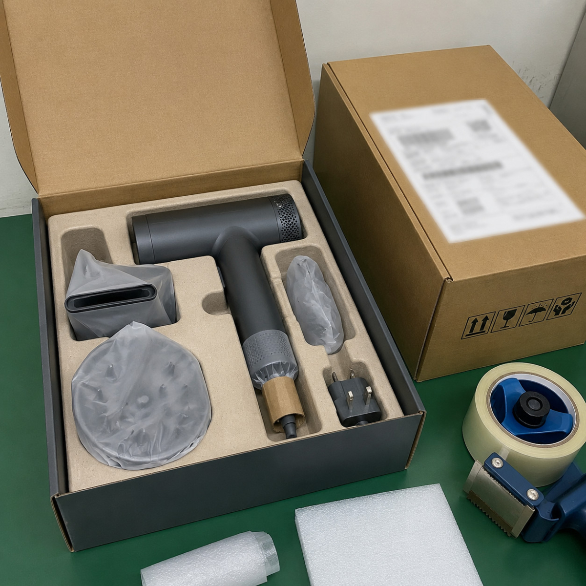 Hair dryer packaging kit with accessories and inserts