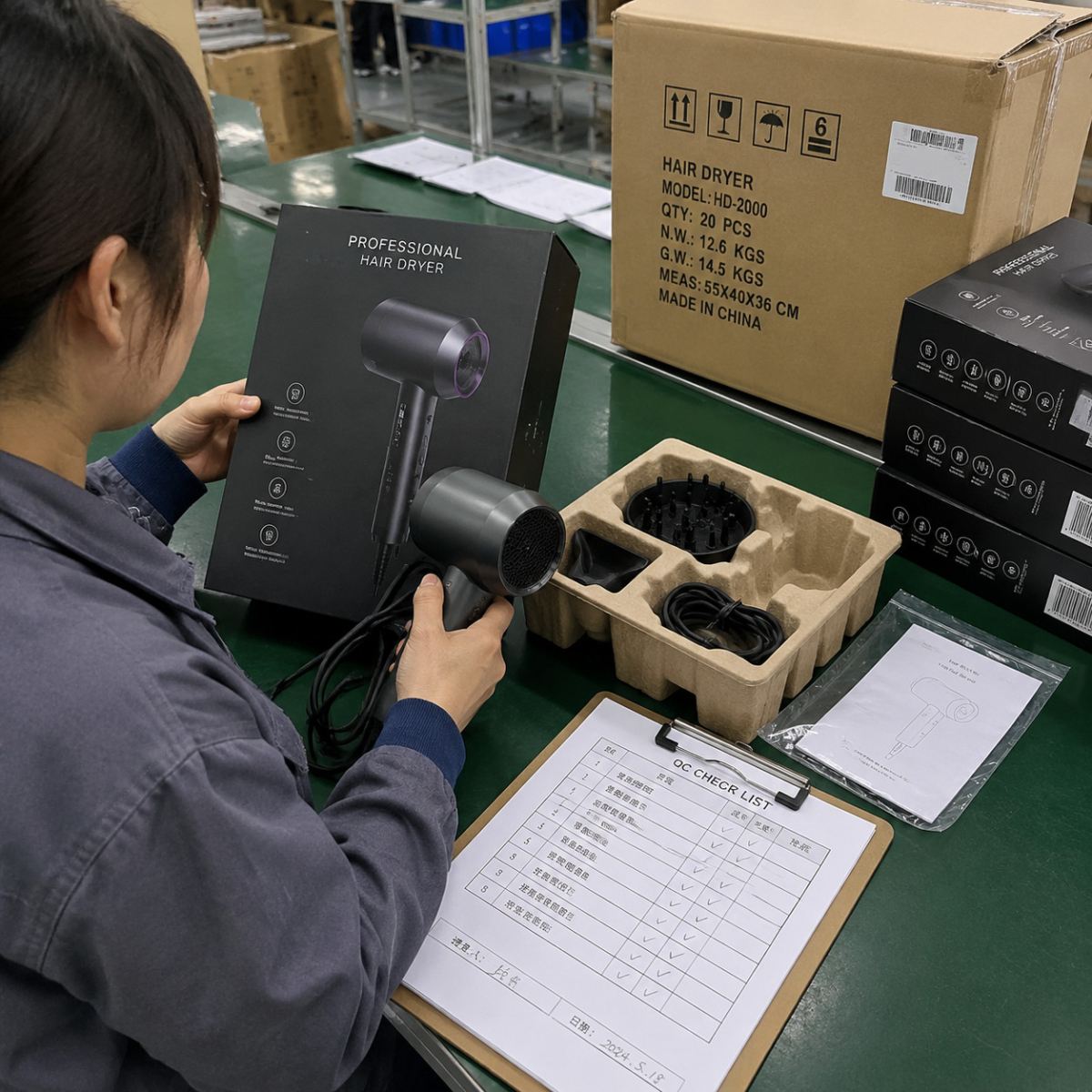 Worker inspecting a boxed hair dryer and packaging checklist