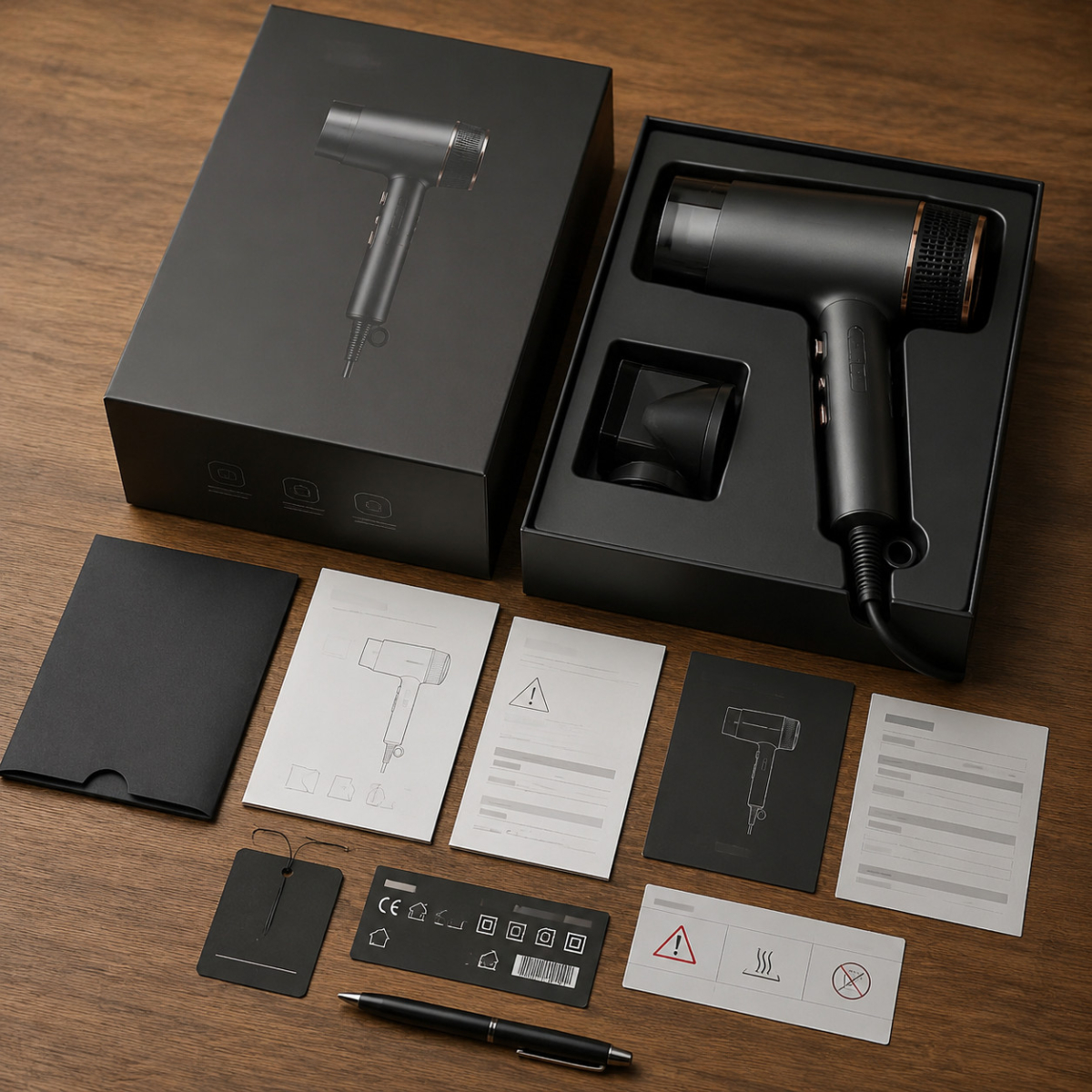 Premium hair dryer gift box with manuals and labels
