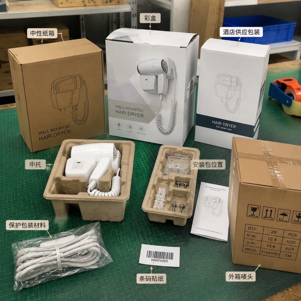 Wall-mounted hair dryer components and packaging inserts