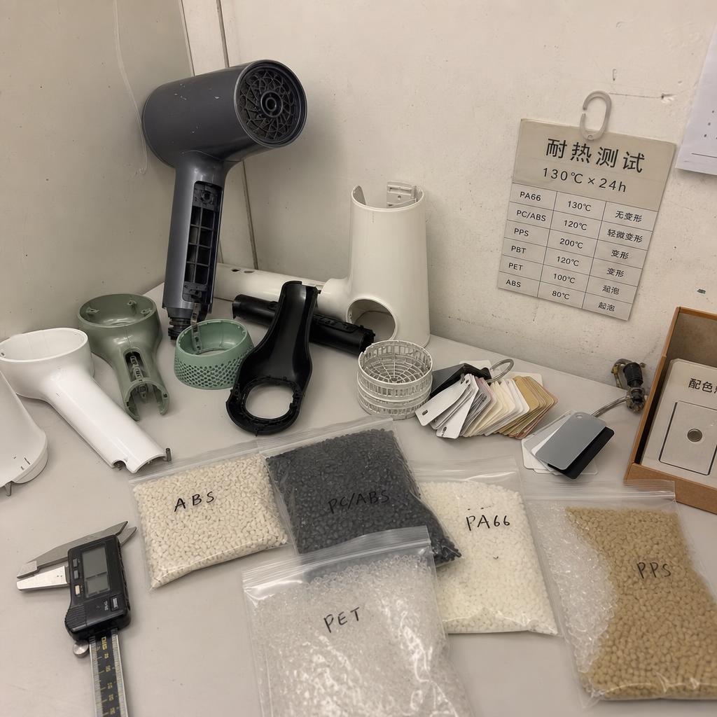 Hair dryer material, coating, and finish samples under review