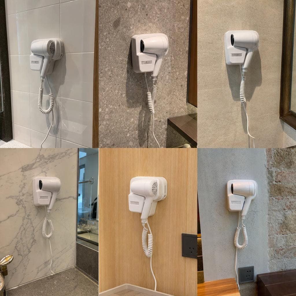 Wall-mounted hair dryer installation examples in different bathrooms