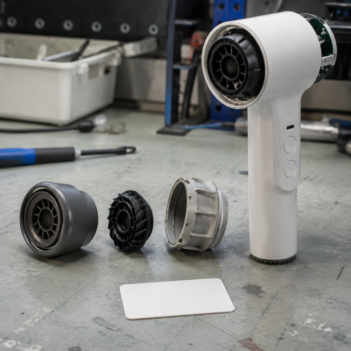 Disassembled cordless hair dryer with motor and housing parts