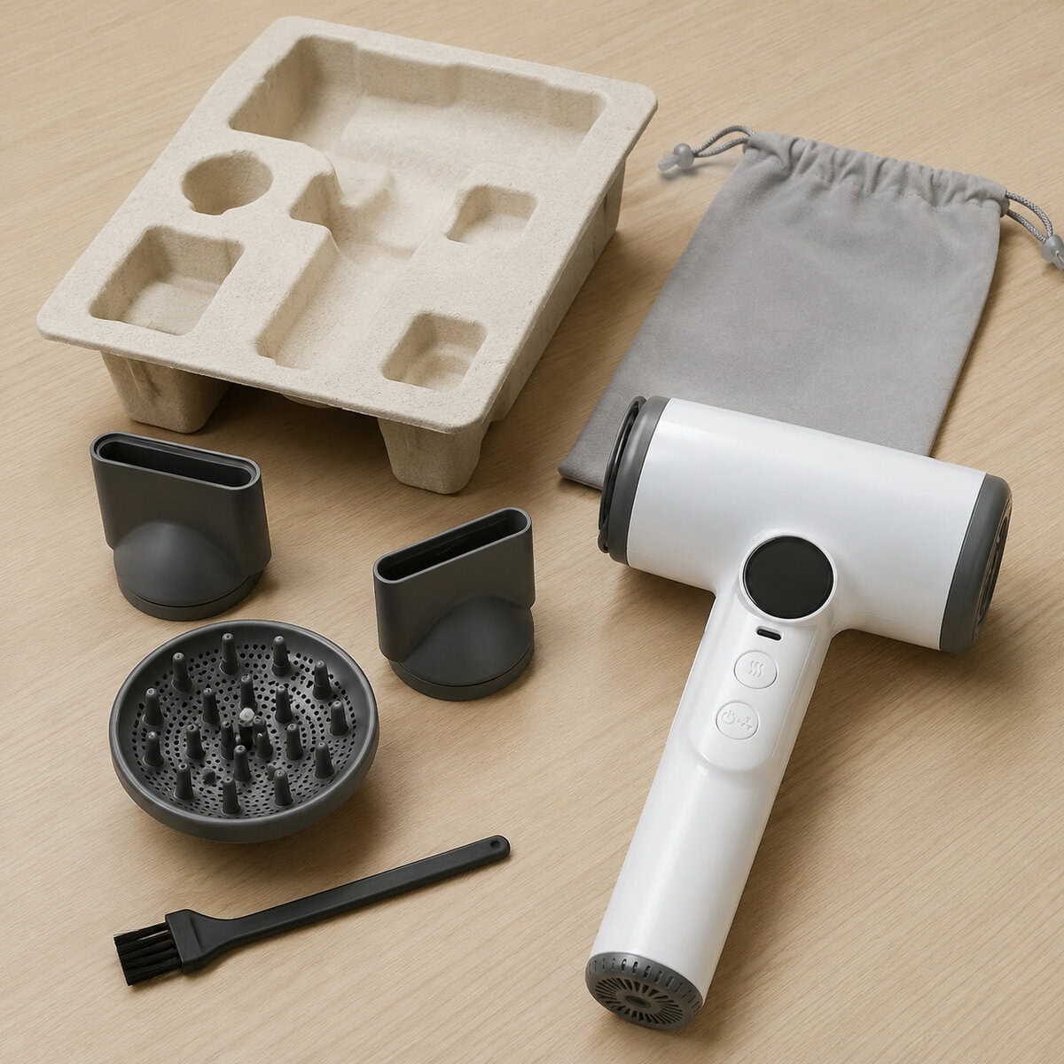 Cordless hair dryer with diffuser, concentrator, and brush attachments