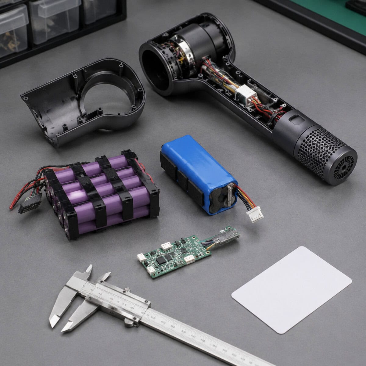 Cordless hair dryer battery, motor, and circuit components