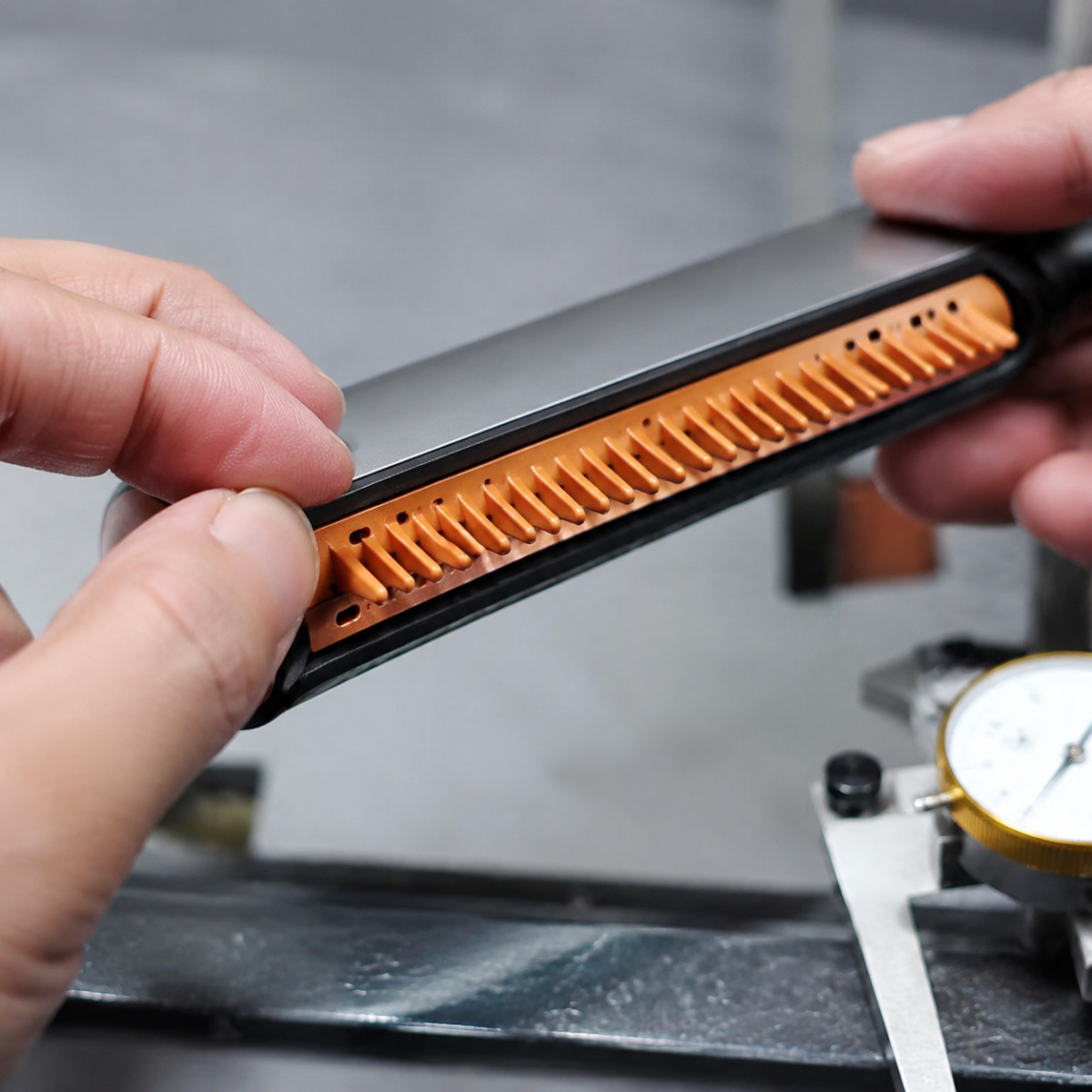 Close-up of a heated comb attachment for hair styling