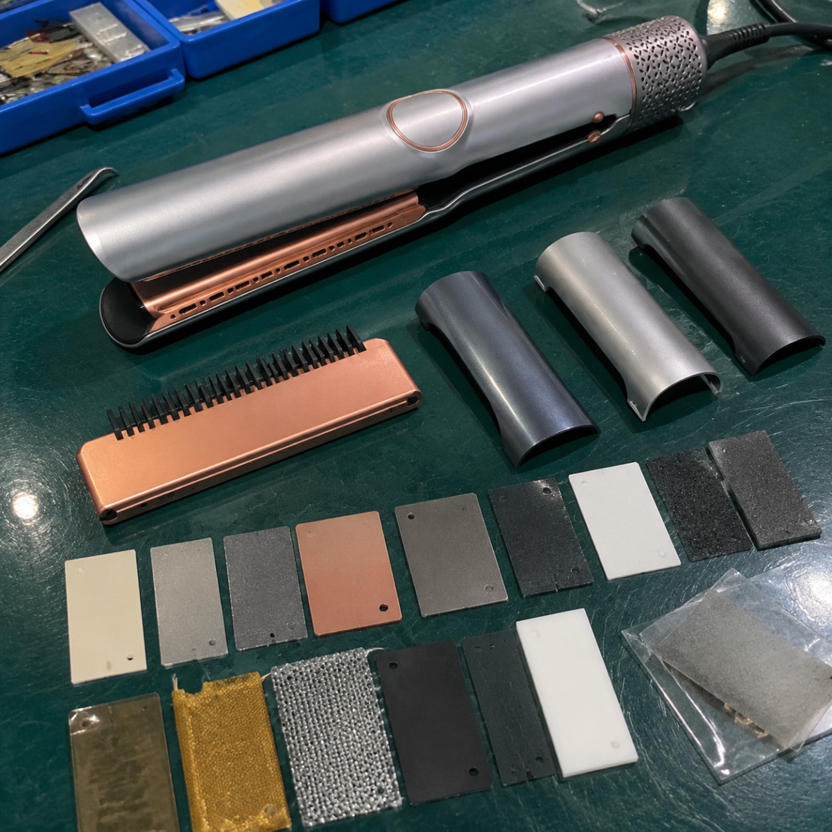 Airflow straightening hair tool with finish and color samples
