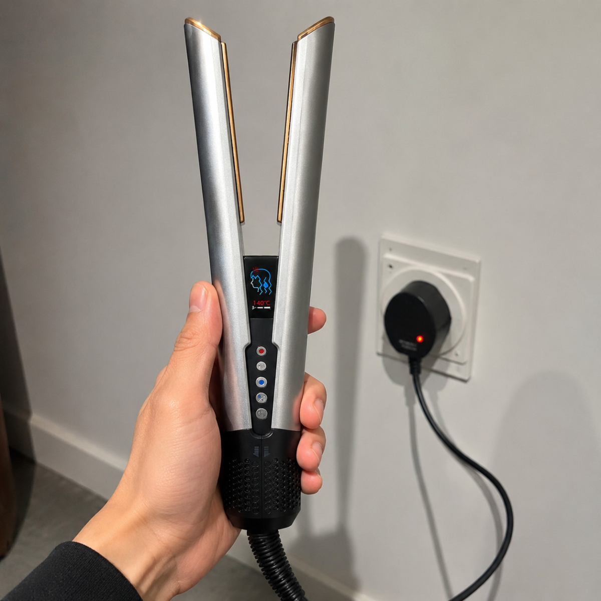 Airflow straightening hair tool held beside a wall outlet