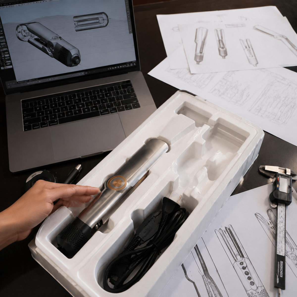 Engineer reviewing multi-styler product packaging and drawings