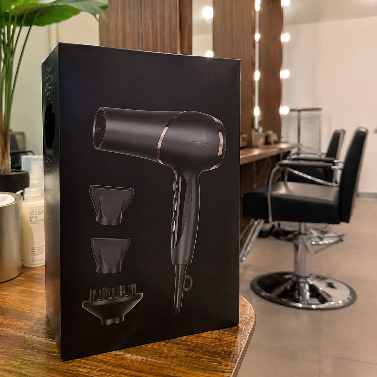 Professional hair dryer gift box in a salon setting