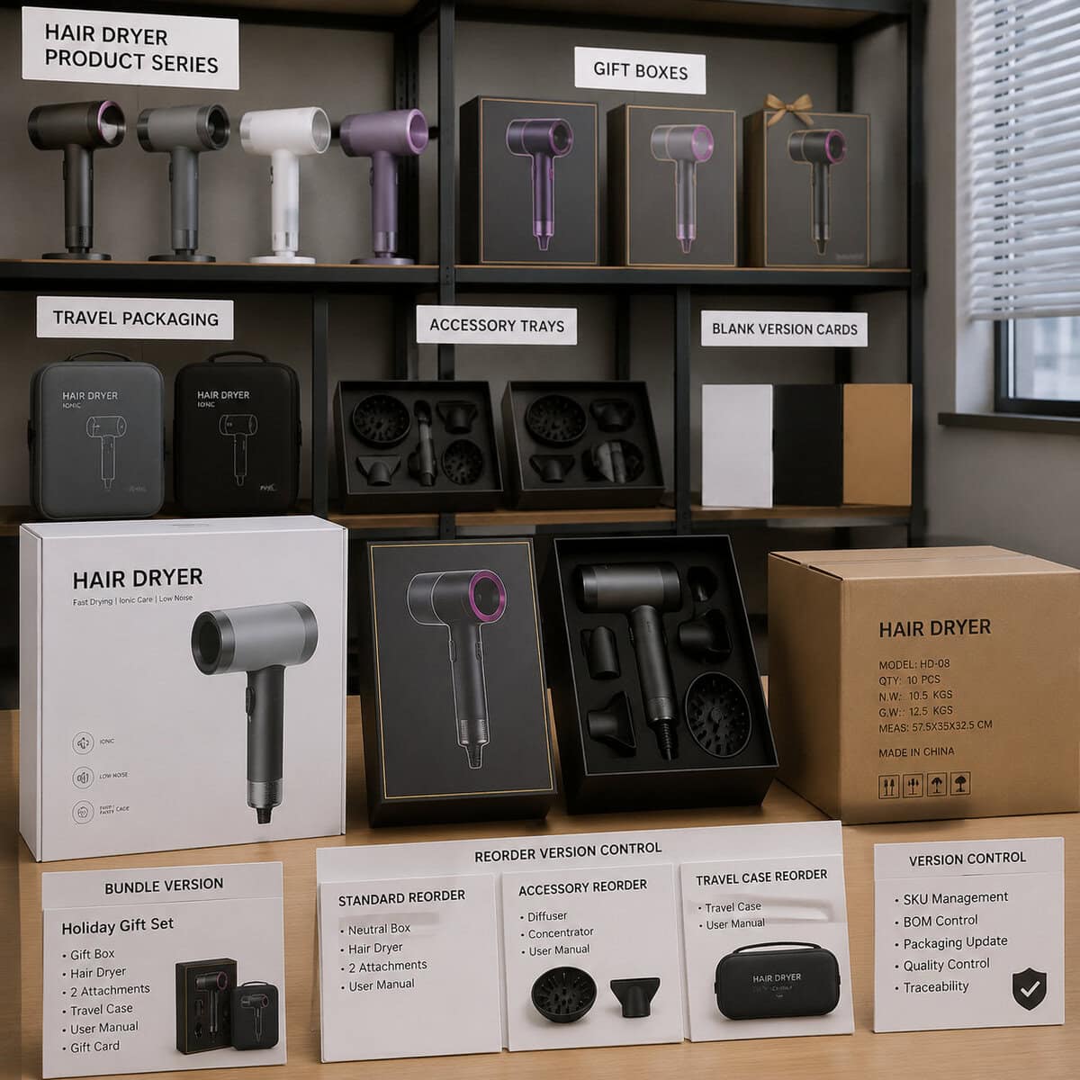 Hair dryer product lines, gift boxes, and accessory kits